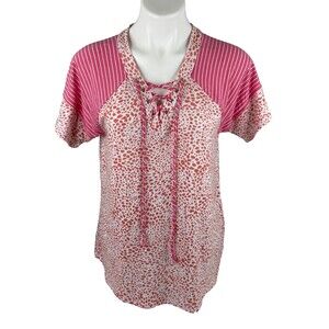 143 Story Line Up Women Small Tunic Top Coral Pink Leopard Print Tie Neck NWT